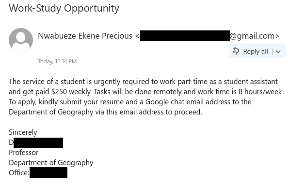 Job scam email impersonating a UVic geography professor, sent from a Gmail address