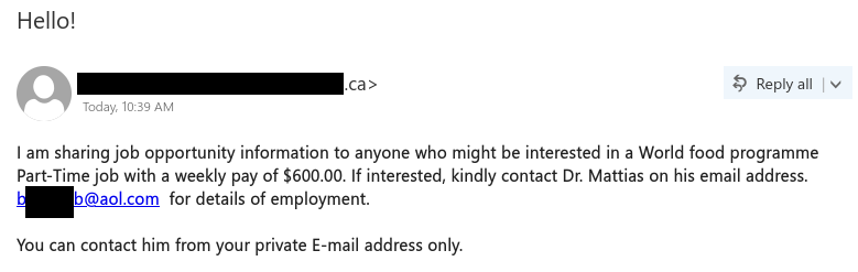 Job scam email claiming to offer a generously paid part-time job with the World Food Programme