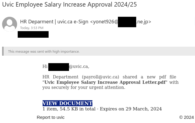 Fake salary increase email with a link to a phishing site