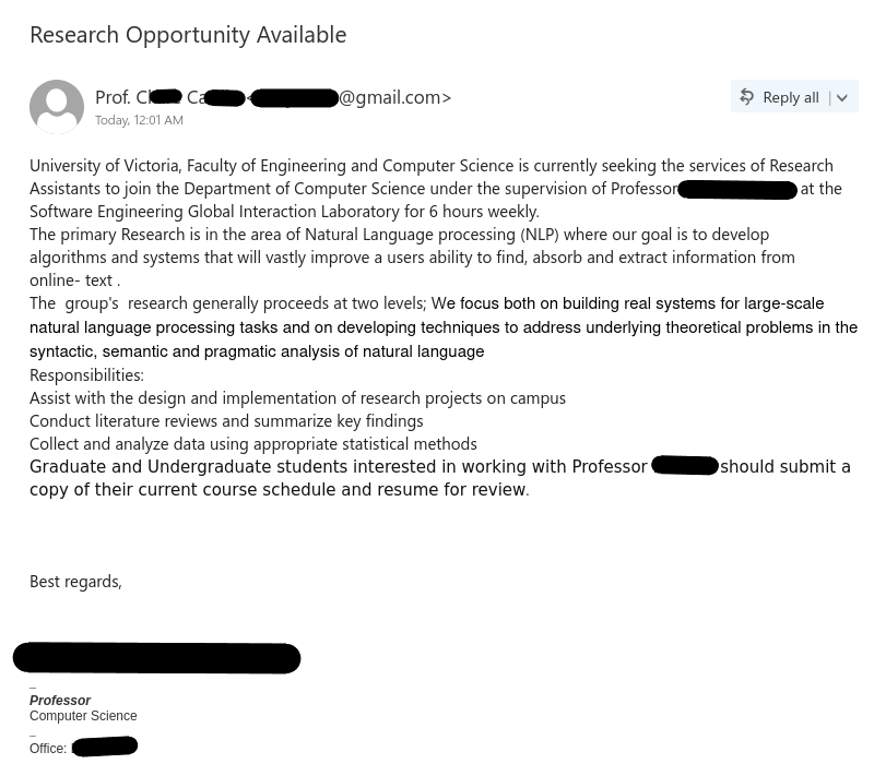 Job scam impersonating UVic professor with subject "Research Opportunity Available".