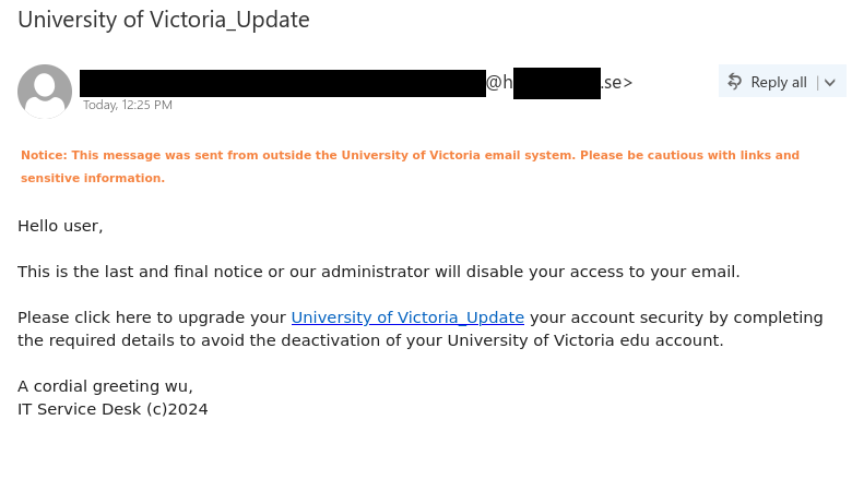 Phish email specifically targeting UVic by asking you to update your account