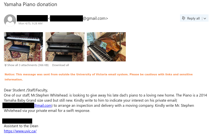 A piano scam with photos attached, impersonating a real UVic employee but mentioning a person who doesn't actually work at UVic