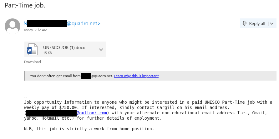 A UNESCO job scam email from a non-UNESCO sender.
