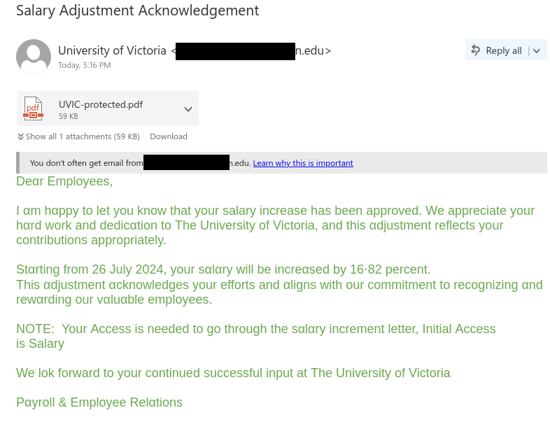 Salary increase themed phish with a PDF attachment that specifically targets UVic