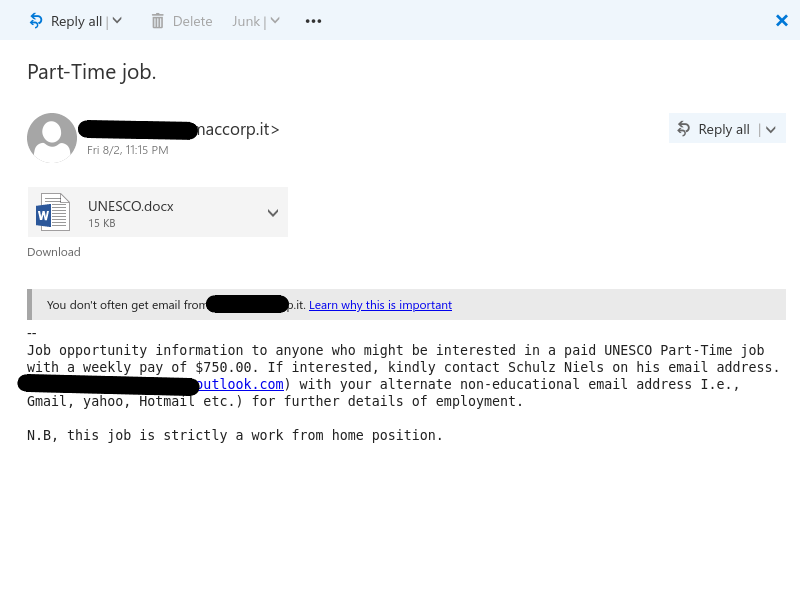 Job scam impersonating UNESCO organization with subject "Part-Time job." and attachment with name "UNESCO.docx".