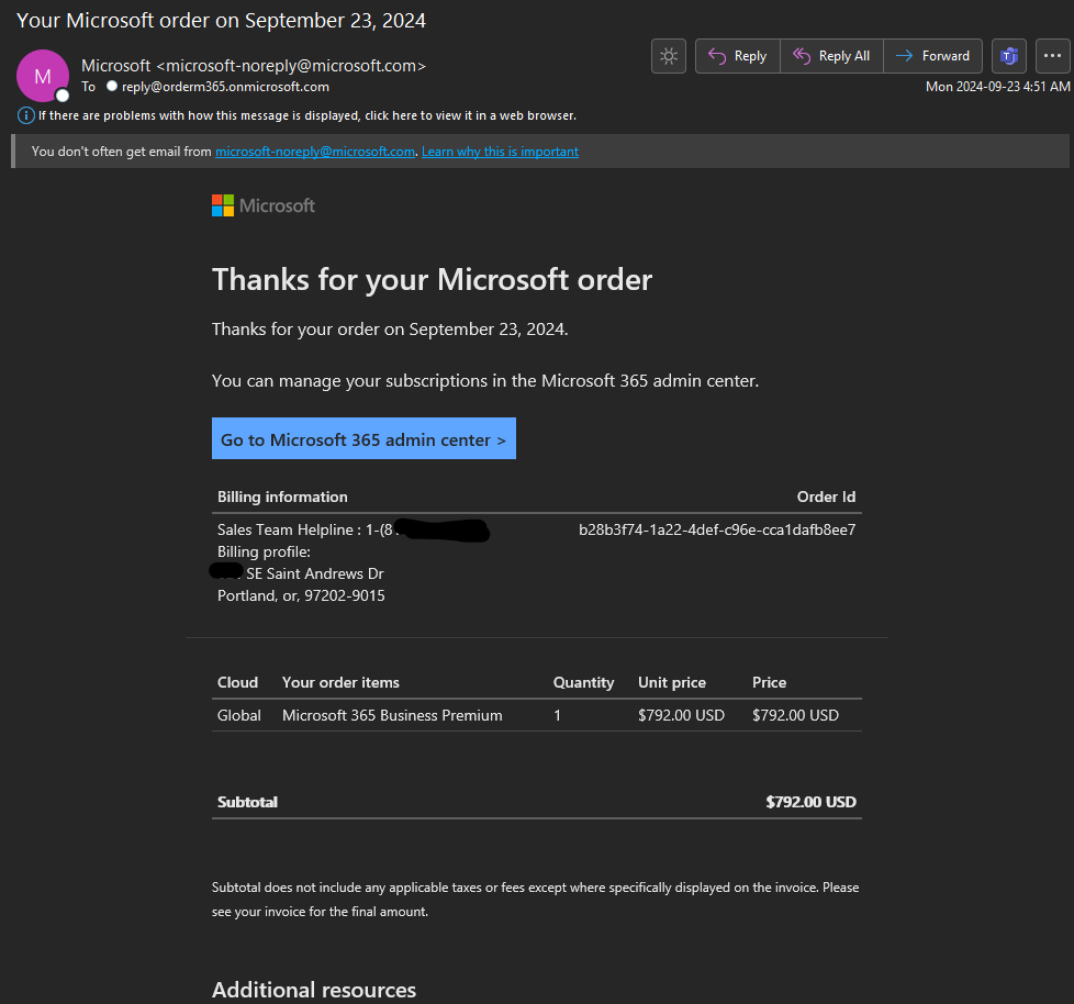 Email appearing to be from Microsoft of an order for Microsoft 365 Business Premium costing $792 USD. The email includes a 'Sales Team Helpline' phone number (redacted) and an address.