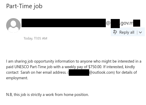 UNESCO job scam directing users to apply by contacting a suspicious Outlook.com email address.