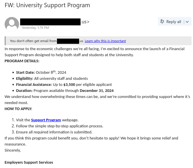 Phishing email claiming to offer up to $3500 in financial assistance to staff and students