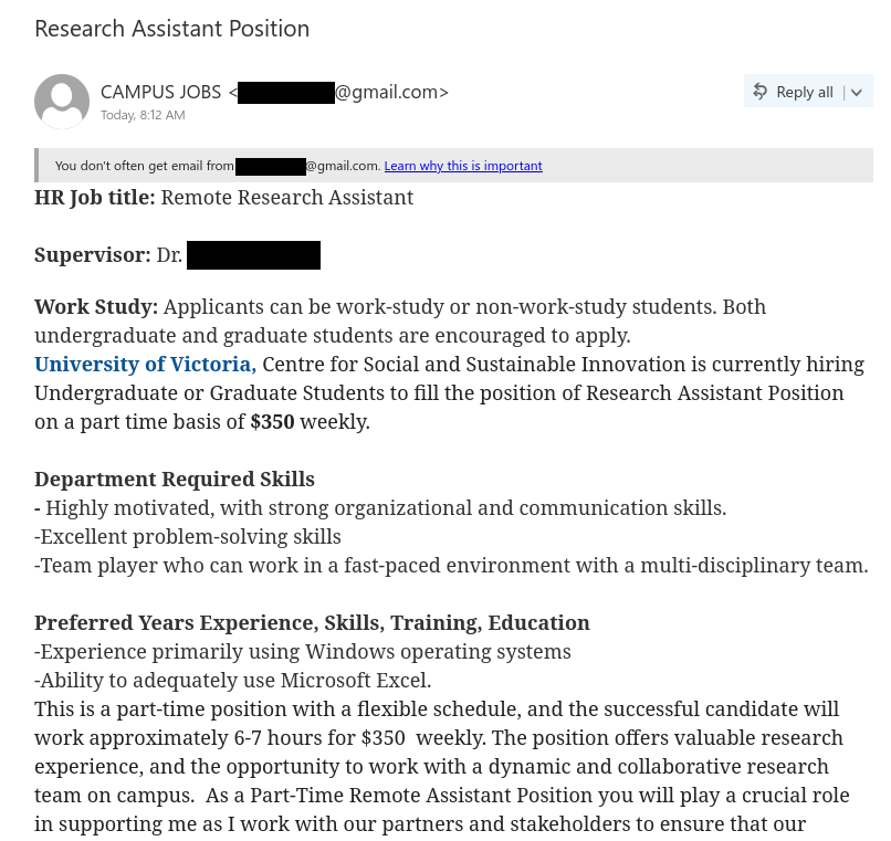 First half of an elaborately written job scam sent from Gmail but impersonating a real person from UVic