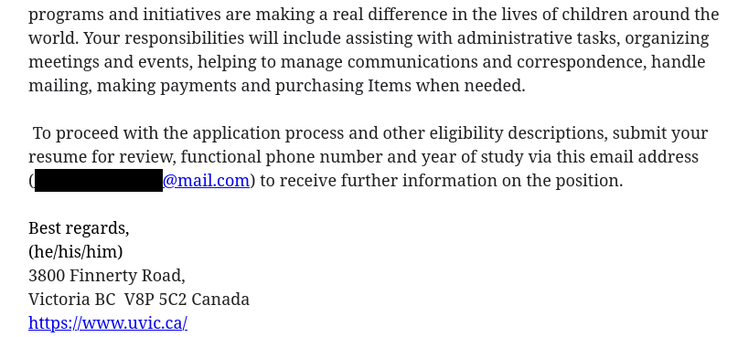 Second half of an elaborately written job scam - recipients are told to apply by contacting an Mail.com email address and providing their phone number