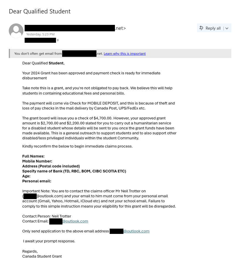 Student grant scam email that is likely to be a cheque overpayment scam