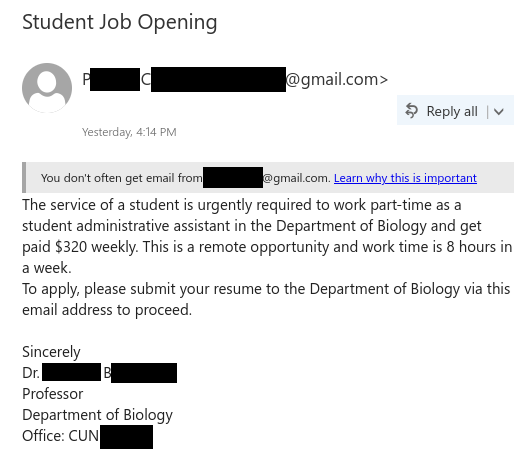 Job scam impersonating a professor from the Biology Department