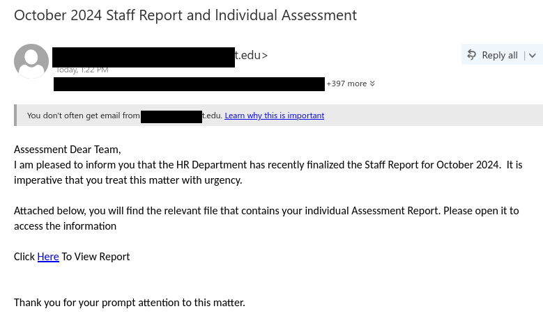 Fake "urgent" HR email that is actually phishing