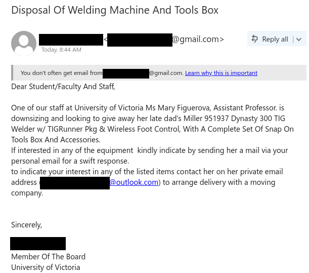 Welder scam impersonating a real person at UVic