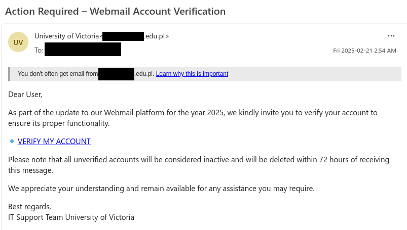 Webmail account verification phishing email that pretends to be from UVic IT support