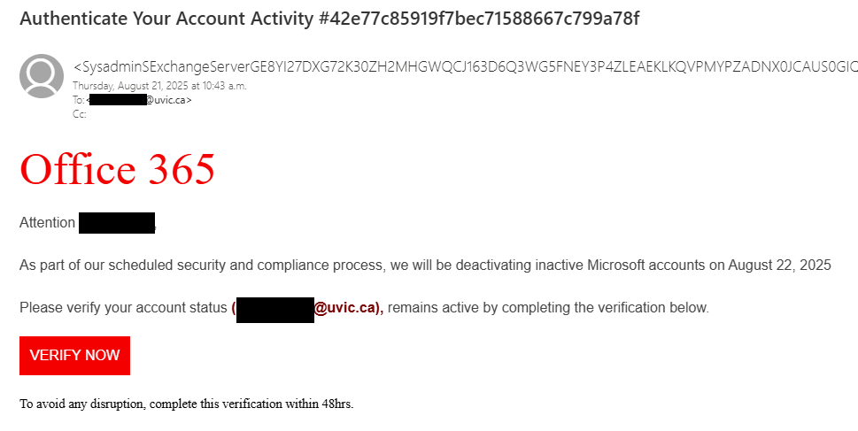 A fake Office 365 email that threatens to deactivate your account unless you click the phishing link to verify it now