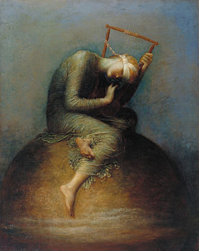 A woman with a harp seated on top of a globe, symbolizing hope.
