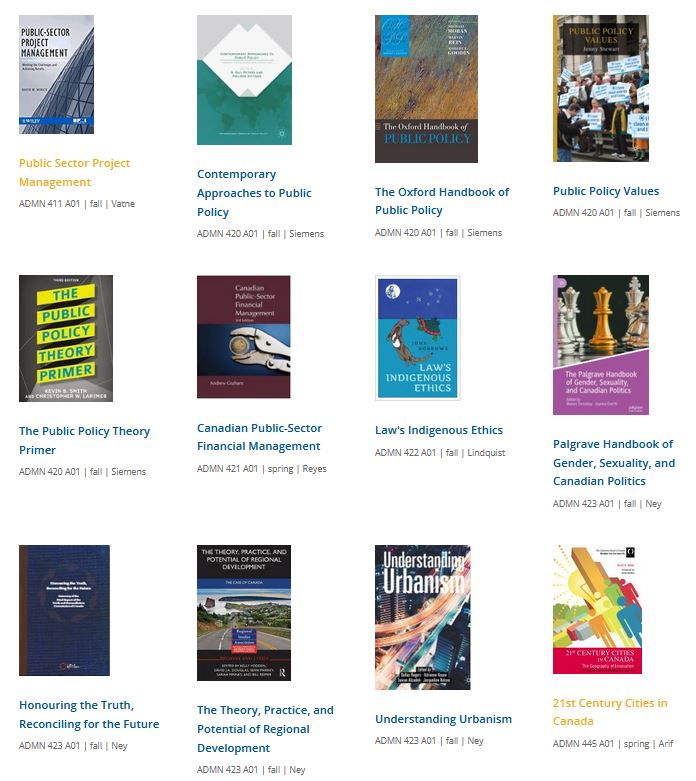 A selection of ebook titles by course number, title and instructor