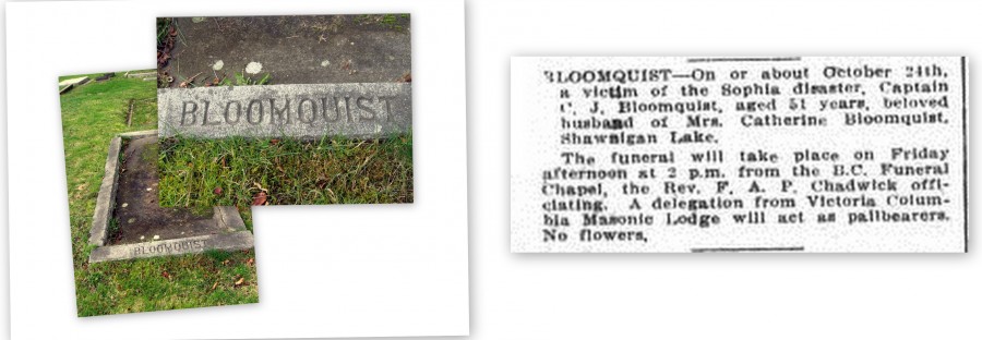 Right: grave site in Ross Bay Cemetery, Camas Eriksson, 2014. Left: death notice in the Daily Colonist, published 14 November 1918, page 14.  