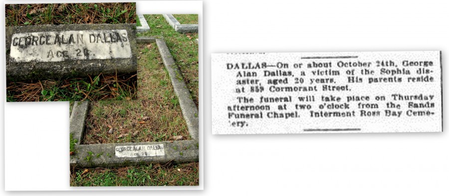 Right: grave site in Ross Bay Cemetery, Camas Eriksson, 2014. Left: death notice in the Daily Colonist, published 14 November 1918, page 14.  