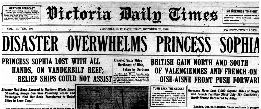 HEADER Victoria Times Oct 26 1918, Disaster Overwhelms Princess Sophia, p 1
