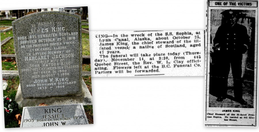 Right: grave site in Ross Bay Cemetery, Camas Eriksson, 2014. Middle: a death notice from the Daily Colonist, 14 November 1918, page 14. Left: photograph taken from the Victoria Times, 30 October 1918. 