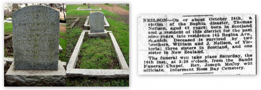Right: Grave site in Ross Bay Cemetery, Camas Eriksson, 2014. Left: a death notice from the Daily Colonist, 14 November 1918, page 14. 