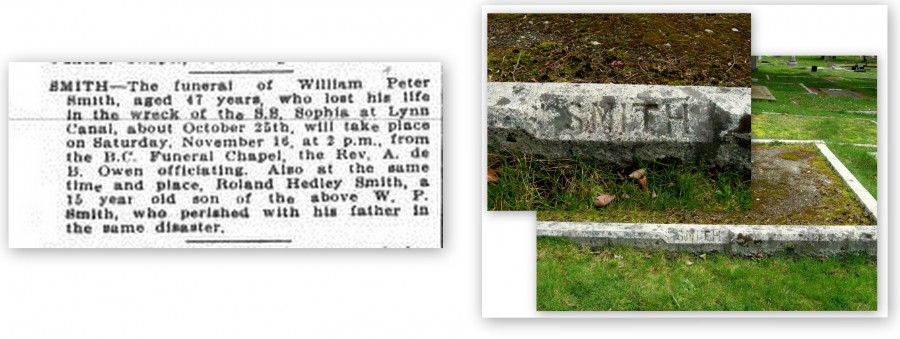 Right: a death notice from the Daily Colonist, published 14 November 1918 on page 14. Left: Grave site in Ross Bay Cemetery, Camas Eriksson, 2014. 