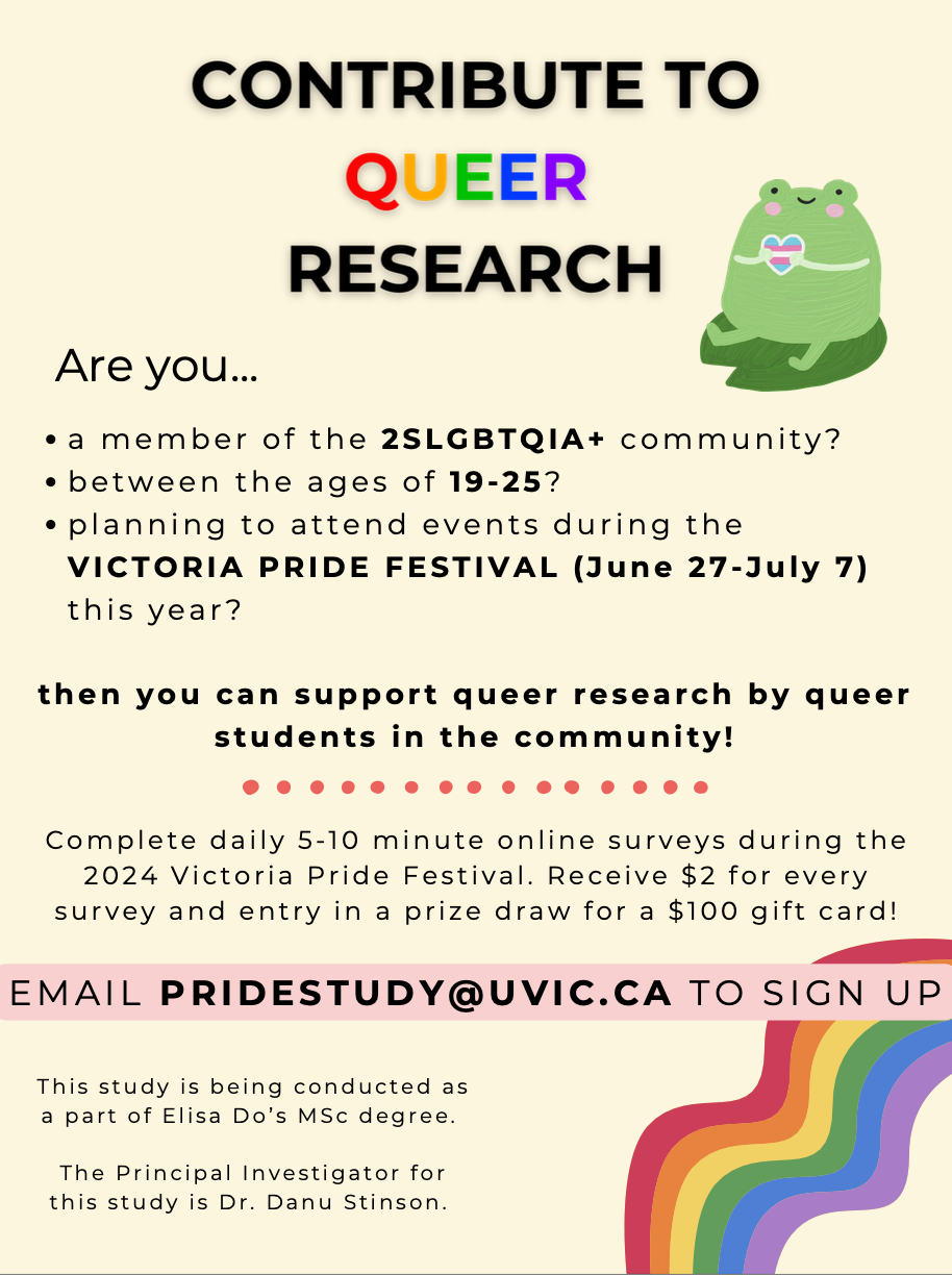 Contribute to Queer Research
Are you a member of the 2SLGBTQIA+ community ?
Between the ages of 19 - 25 ?
Planning to attend events during the Victoria Pride Festival (June 27 - July 7) this year?
Then you can support queer research by queer students in the community!
Complete daily 5-10 minute online surveys during the 2024 Victoria Pride Festival. Receive SONA credit or $2 for every survey and entry in a prize draw for a $100 gift card! 
Email pridestudy@uvic.ca to sign up
This study is being conducted as a part of Elisa Do’s MSc degree.
The principle investigator for this study is Dr. Danu Stinson 