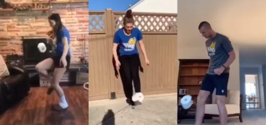 Three stills from the video of students wearing Vikes t-shirts and kicking toilet paper like it's a soccer ball.