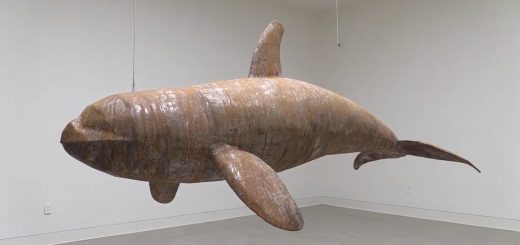 A large model of an orca whale hangs suspended in an art gallery.