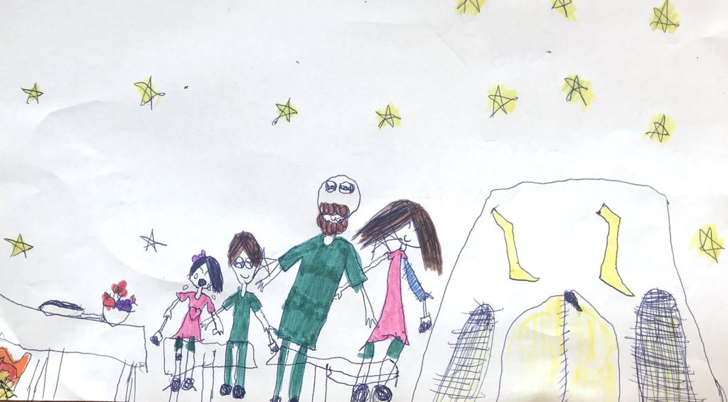 child-drawn image of a family camping