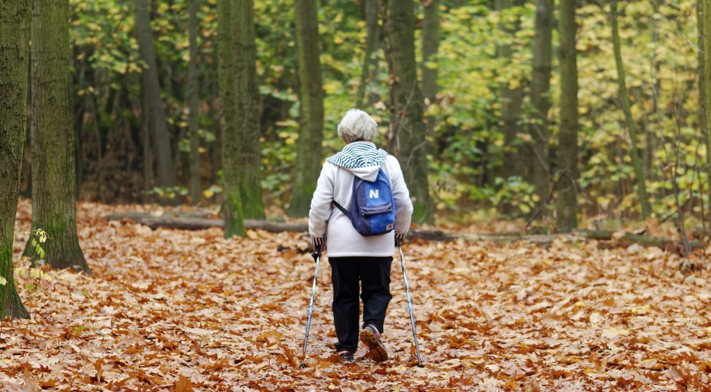 Elderly woman seen from behind as she walks in forest