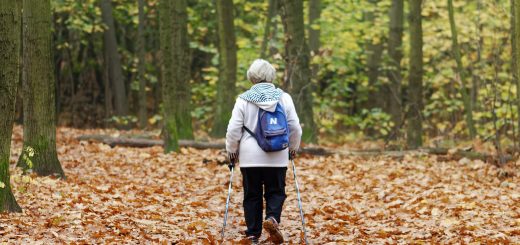 Elderly woman seen from behind as she walks in forest