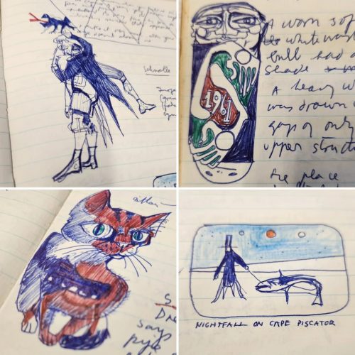 four images of marginal doodles from Higgins notebooks