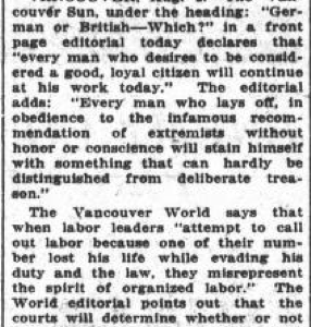 Example of the Negative View Spurned by the Temporary Strike in Goodwin's Honour. Source: The Daily Colonist, August 3, 1918.