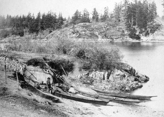 Rush hut- Fish Spears - Chinook Canoe. Esquimalt Harbour. BC Archives. 