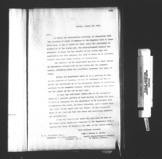 Letter From Duncan C. Scott (Deputy Super Independent of Indian Affairs) regarding the Songhee Reserve Relocation, August 20 1914, Canadian Archives.