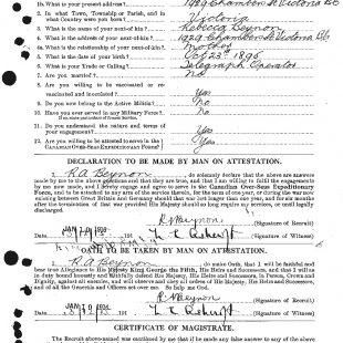 Attestation papers of Richard Arthur Beynon, page 1. Source: http://www.bac-lac.gc.ca/eng/discover/military-heritage/first-world-war/personnel-records/Pages/item.aspx?IdNumber=42621