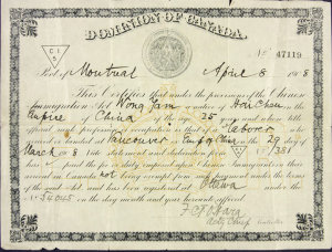 A sample head tax certificate. On this document, a Chinese Canadian man landed at Vancouver in 1908 and would have had to pay $500. Source: Library and Archives Canada, Leung Doo Wong fonds.